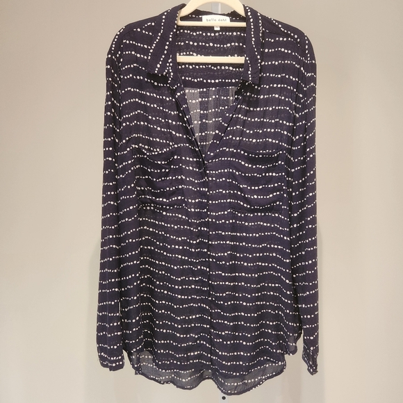 Bella Dahl Hipster Relaxed Button Down Top Shirt Blouse Navy White Dots V-neck L - Picture 2 of 12